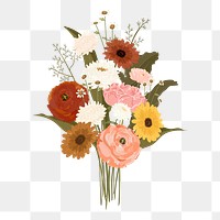 Pastel flower png bouquet clipart, realistic illustration on transparent background