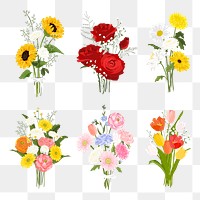 Flower bouquet png sticker, colorful wedding illustration set