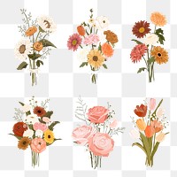 Flower bouquet png sticker, pastel wedding illustration set