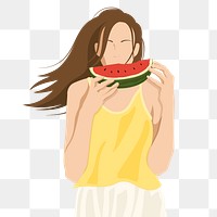 Woman eating watermelon png sticker, summer illustration