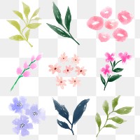 Flower & leaf png sticker, watercolor design set, transparent background