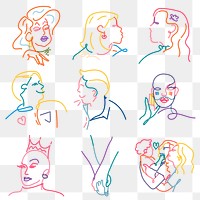 LGBTQ+ aesthetic png stickers, colorful line portrait  set on transparent background