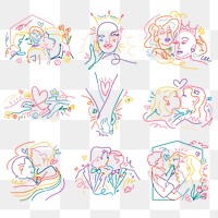 Gay pride png stickers, LGBTQ line art portraits set on transparent background