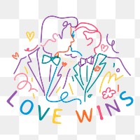 LGBTQ love wins png sticker, gay couple kissing line art illustration