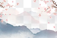 Japanese floral png, transparent background, watercolor mountain landscape illustration