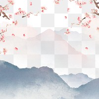 Japanese floral png, transparent background, watercolor mountain landscape illustration