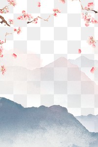 Japanese floral png, transparent background, watercolor mountain landscape illustration