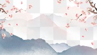 Japanese floral png, transparent background, watercolor mountain landscape illustration