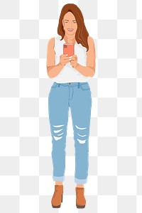 Woman using phone png sticker illustration, transparent background