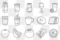 Food, beverages png sticker, line art design set on transparent background