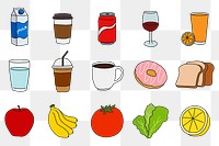 Food, beverages png sticker, colorful doodle set on transparent background