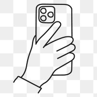 Png hand holding phone sticker, digital device doodle line art on transparent background