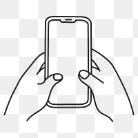 Png hand holding phone sticker, digital device doodle line art on transparent background