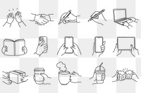 Png hobbies, activities hand sticker, gesture doodle line art set on transparent background