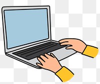 Png hand using laptop sticker, digital device doodle on transparent background