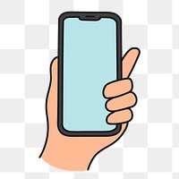 Png hand holding phone sticker, digital device doodle on transparent background