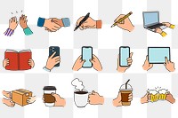 Png hobbies, activities hand sticker, gesture doodle set on transparent background