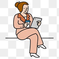 Png woman holding tablet sticker, morning routine character doodle on transparent background