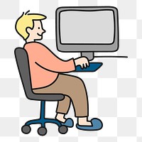 Png man working on computer sticker, job cartoon character doodle on transparent background
