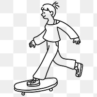 Girl skateboarder png sticker, sport doodle character line art on transparent background