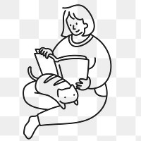 Woman reading book png sticker, hobby doodle character line art on transparent background