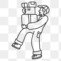 Png package delivery man sticker, logistics job doodle character line art on transparent background