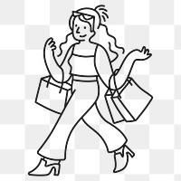 Shopping woman png sticker, hobby doodle character line art on transparent background