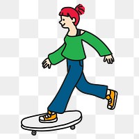 Female skateboarder png sticker, sport cartoon character doodle on transparent background