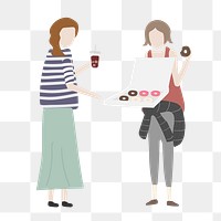 Friends hanging out  png clipart, eating donuts, cartoon illustration