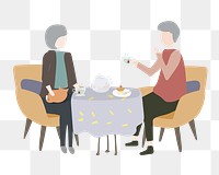 Old couple having tea png clipart, transparent background