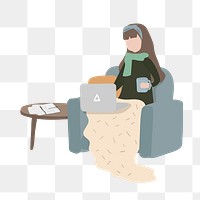 Woman png using laptop clipart, working from home, character illustration