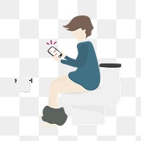 Man sitting on toilet png clipart, using smartphone,  cartoon illustration