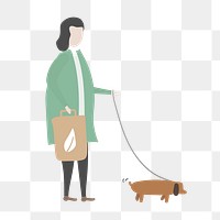 Woman walking dog png clipart, carrying recyclable bag