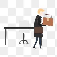 Fired business man png clipart, carrying box leaving office illustration