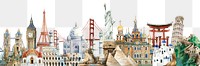 Watercolor travel landmarks png border, travel illustrations, transparent background