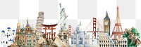 Watercolor travel landmarks png border, travel illustrations, transparent background