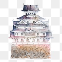 Japanese Himeji Castle png watercolor illustration on transparent background, transparent background