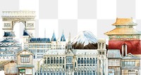 Watercolor historical landmarks png border, architecture, transparent background