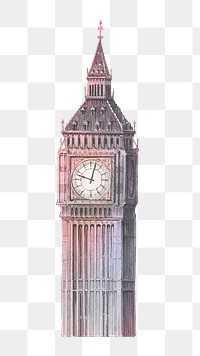 London's Big Ben png tower watercolor illustration on transparent background