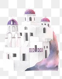 Santorini Cycladic houses png sticker, Greece famous landmark, watercolor illustration, transparent background
