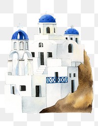 Santorini Cycladic houses png sticker, Greece famous landmark, watercolor illustration, transparent background