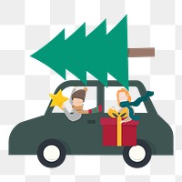 Christmas png cartoon clipart, couple bringing Christmas tree home on a car illustration on transparent background