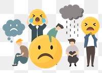 Sad and depressed people illustration png, mental health flat design characters transparent background