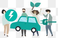 People using electric car png clipart, environmental friendly cartoon character illustration png on transparent background