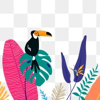 Toucan botanical border png, colorful summer aesthetic tropical background with toucan and flaming, transparent background