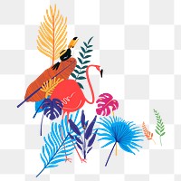 Bird botanical png clip art sticker, flamingo and toucan, transparent background 