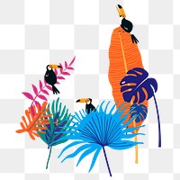 Toucans and leaves png clip art sticker, transparent background 