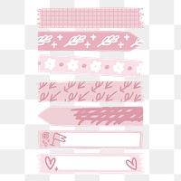 PNG pink washi tape, doodle pattern, journal collage element, transparent background set