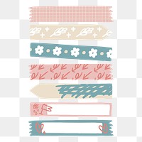 Washi tape png, pastel doodle journal collage element, transparent background set