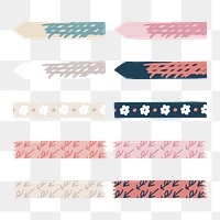 PNG doodle patterned washi tape, journal collage element, transparent background set